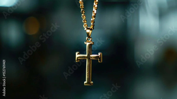 Fototapeta Gold Cross Pendant on a Delicate Chain with Soft Background Bokeh, Symbolizing Faith and Spirituality in Fashion Jewelry