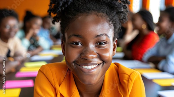 Fototapeta Smiling Young Woman in Bright Orange Shirt Engaging in Group Activity with Colorful Sticky Notes in Creative Workspace