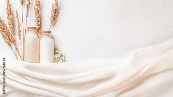 Fototapeta Minimalist Vases and Dried Flowers on Soft White Fabric Background