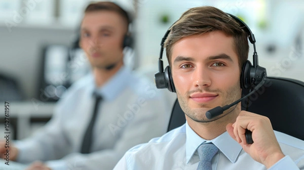 Fototapeta Professional male customer service representatives wearing headsets in a modern office with a focus on friendly communication and support