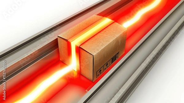 Fototapeta Innovative Packaging Concept with Cardboard Boxes on Heated Conveyor in Bright Red and Yellow Colors