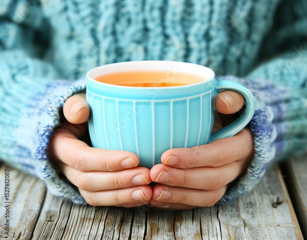 Fototapeta Cozy Hands Holding a Blue Ceramic Cup of Tea or Coffee with a Warm Knitted Sweater in a Rustic Setting