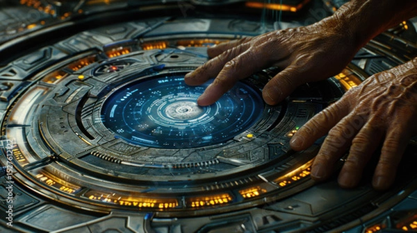 Fototapeta Futuristic Control Interface with Hands Engaging Digital Technology on a High-Tech Console