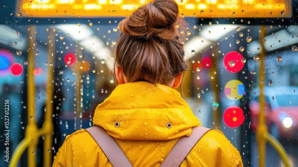 Fototapeta Woman in Yellow Raincoat Waiting in Public Transport with Raindrops on Window and Colorful Lights in Background