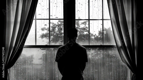 Fototapeta Silhouette of a Person Gazing Out a Rainy Window Surrounded by Drapes, Capturing Emotions of Reflection and Solitude in Monochrome