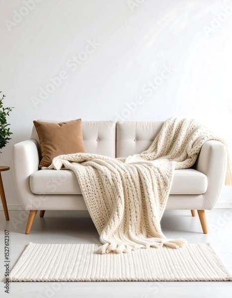 Fototapeta Creamy Knit Throw on Off White Sofa with Brown Pillow and Rug