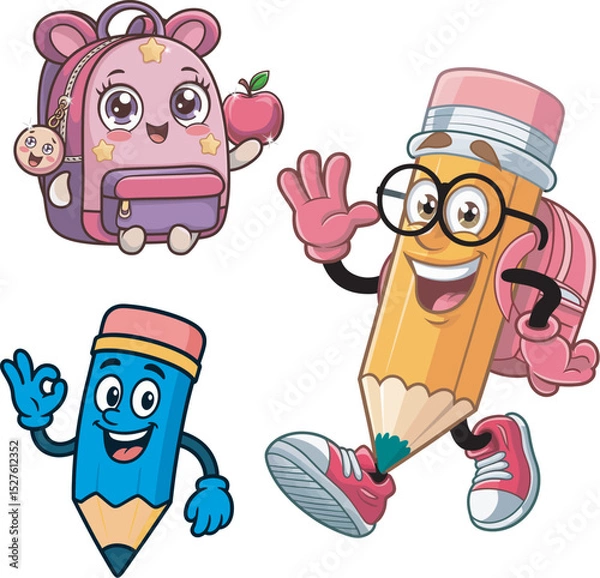 Fototapeta Cute Pencil and Backpack Characters in Cartoon Style for Back to School