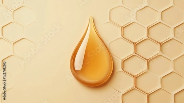 Fototapeta Drop of cream with honey texture and hexagon pattern. Realistic skincare and cosmetic 3D vector concept