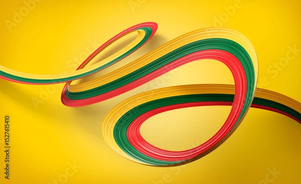 Fototapeta 3d Flag Of Lithuania 3d Wavy Shiny Lithuania Ribbon Flag On Yellow Background 3d Illustration