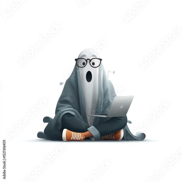 Fototapeta A surprised ghost, wearing glasses, sits cross-legged using a laptop, against a white background. A fun, spooky illustration.