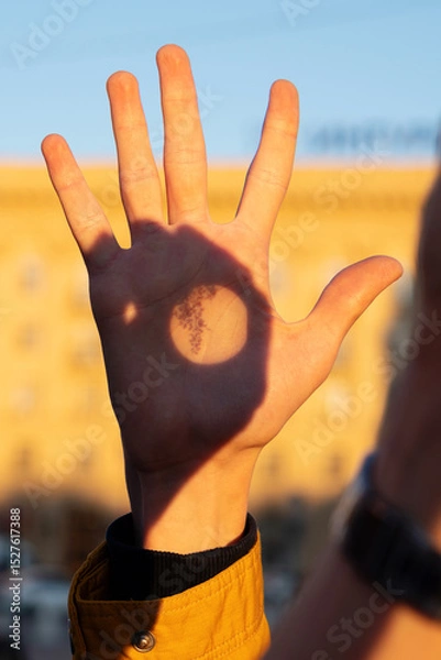 Fototapeta Hand illuminated by sunset with botanical shadow projection. Observing the sun. Projection image of the Sun on palm
