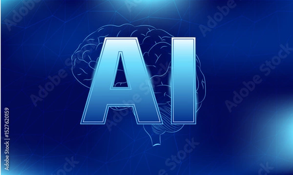 Fototapeta Futuristic AI interface with glowing text and digital lines on a dark blue horizontal background.