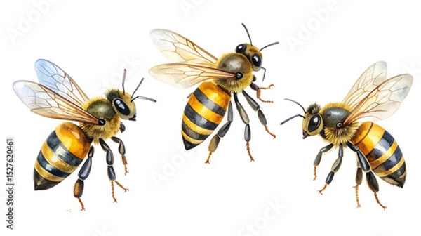 Obraz Yellow and black bumblebee with spread wings on white background.