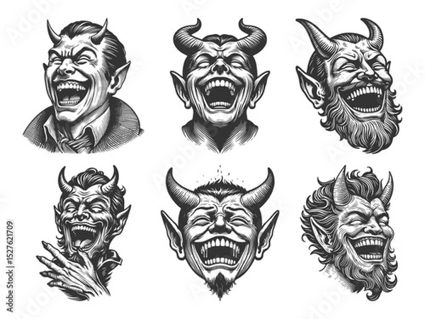Fototapeta Laughing Devils and Demons Set collection bundle sketch engraving generative ai vector illustration. Scratch board imitation. Black and white image.