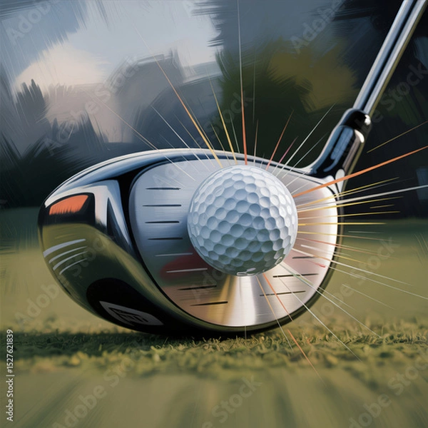 Fototapeta Hyperrealistic digital painting: Extreme close-up of golf driver impacting ball. Deformed ball, vibration lines. Textured club face, slight blur. Shallow depth, blurred charcoal background. Intense li