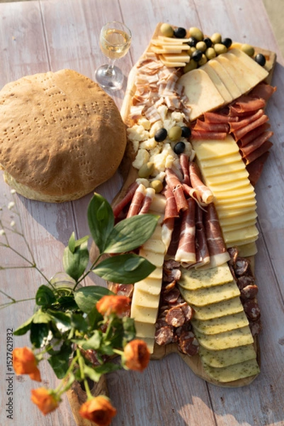 Fototapeta Catering on a wooden board on a rustic table, meat, olives, cheese, and a drink as an appetizer