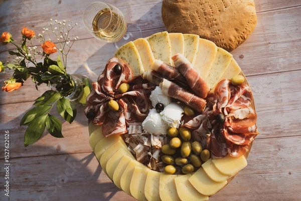 Fototapeta Catering on a wooden board on a rustic table, meat, olives, cheese, and a drink as an appetizer