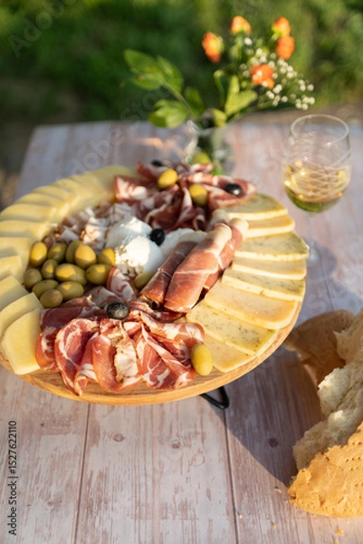 Fototapeta Catering on a wooden board on a rustic table, meat, olives, cheese, and a drink as an appetizer