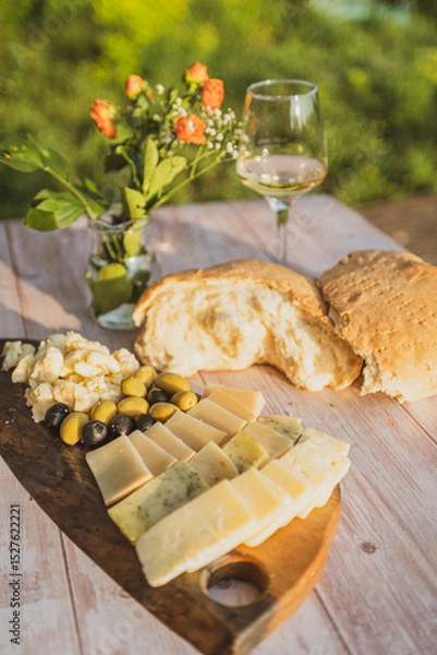 Fototapeta Tasty cheese and olives on a wooden board and homemade bread on the table on a sunny day in golden hour and a glass of wine and flower decoration