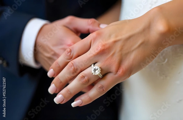 Fototapeta Hand in hand, the bride's hand with a ring in the groom's hand close up view 