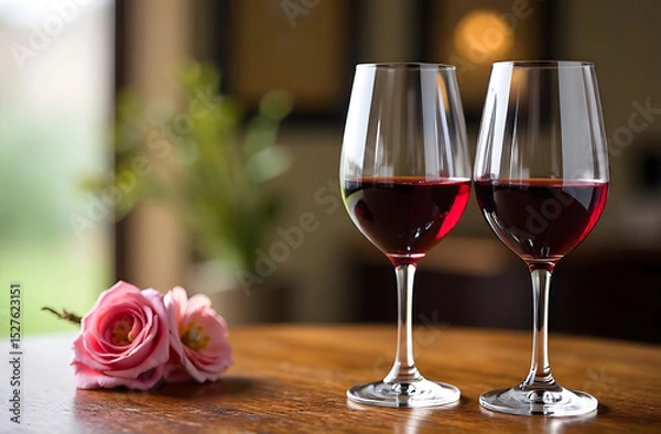 Fototapeta Two glasses of red wine are on the table