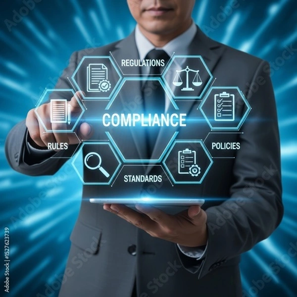 Obraz Corporate Compliance and Regulatory Standards Concept With Digital Interface Icons