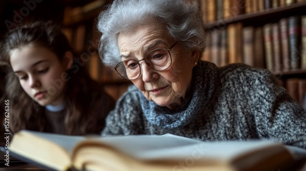 Fototapeta An elderly woman and a young girl read together in a library. Concept of intergenerational learning. For education and literacy campaign.