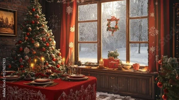 Fototapeta beautiful setting of the New Year's table in red, against the background of a decorated Christmas tree and a window