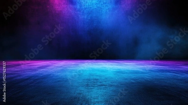 Fototapeta Blue and purple neon light on concrete cement floor and black background studio, Abstract high-tech, technology futuristic or entertainment feeling