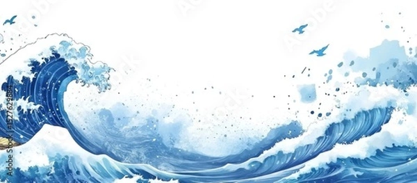 Fototapeta Blue brush stroke texture with Japanese ocean wave pattern in vintage style.
