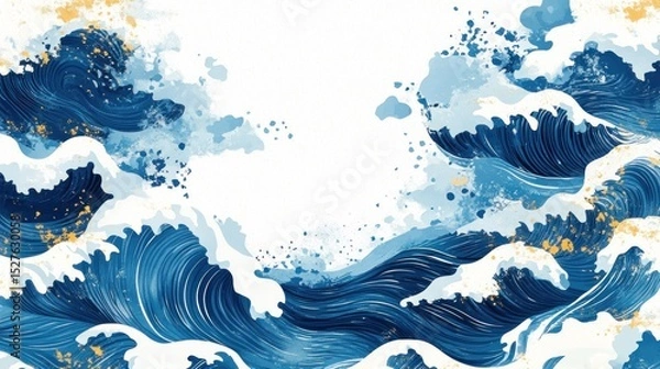 Fototapeta Blue brush stroke texture with Japanese ocean wave pattern in vintage style. Abstract art landscape banner design with watercolo