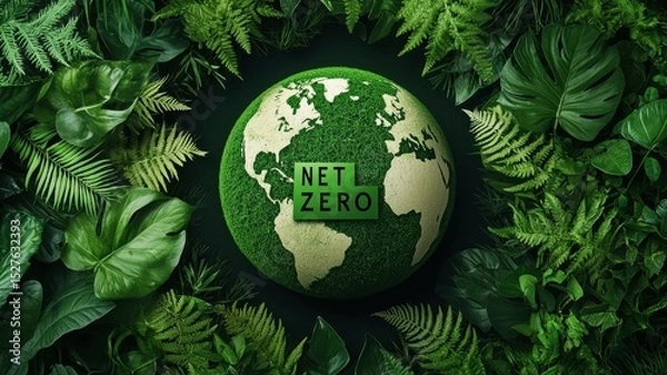 Obraz Net zero renewable solutions. Green Globe Representing Net Zero Emissions Surrounded by Lush Greenery and Natural Elements