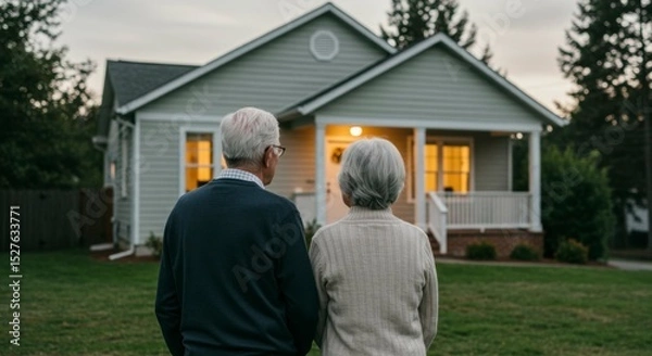 Fototapeta Elderly couple admiring their cozy house at dusk, illuminated windows, serene lawn