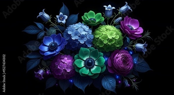 Fototapeta Vibrant Floral Fantasy: A captivating bouquet of richly colored flowers, rendered with artistic flair and striking contrast, arranged against a dark backdrop