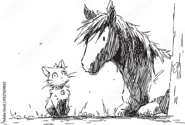 Obraz Horse and cat looking each other in the eyes, making friends in a field, hand drawn vector illustration