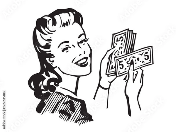 Fototapeta Vector isolated retro vintage american poster person woman with money colorless black and white contour line easy drawing