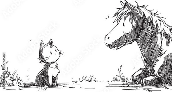 Obraz Curious cat watching horse in grassy meadow, sharing playful moment between interspecies companions