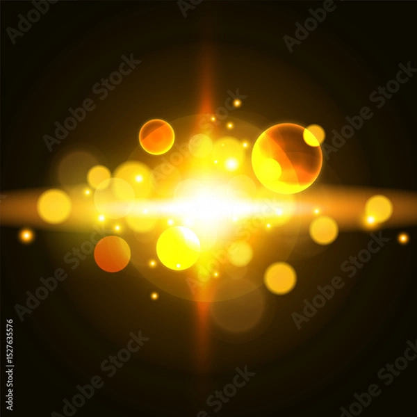 Obraz Abstract Glowing Golden Light Burst with Lens Flares and Bokeh Effects. Vector illustration.