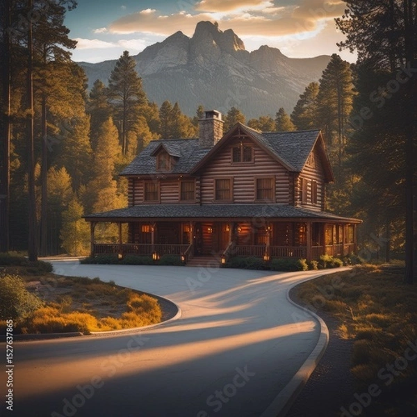 Fototapeta Rustic Mountain Cabin Retreat at Sunset – Cozy Two-Story Log Home in Forest Landscape