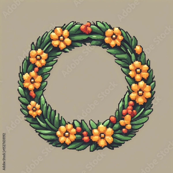 Fototapeta Colorful Retro Wreath Illustration, 8-Bit Style Ornament
