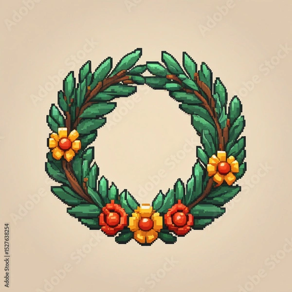 Fototapeta Colorful Retro Wreath Illustration, 8-Bit Style Ornament

