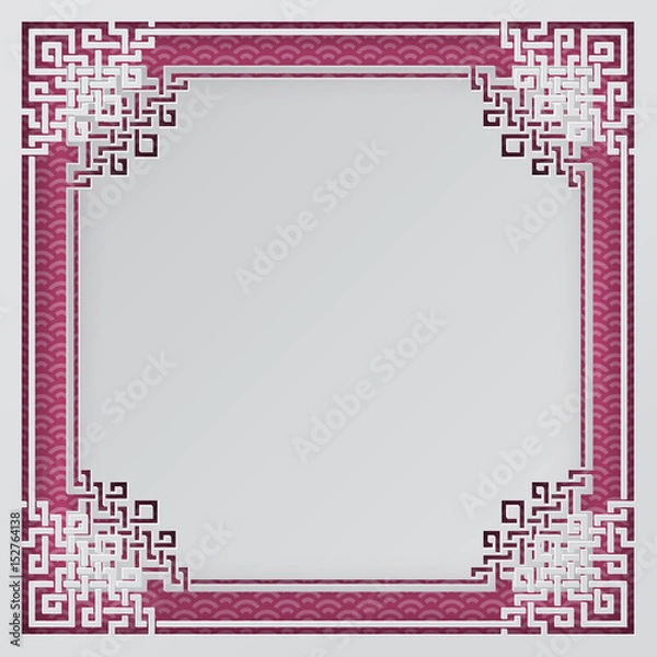 Fototapeta Oriental frame on pink pattern background for chinese new year greeting card, poster or banner, paper cut out style. Vector illustration, layers are isolated