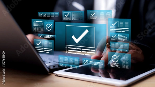 Fototapeta Businessman validating digital documents using futuristic interface with checkmark icons, quality assurance system, compliance review, and document verification.
