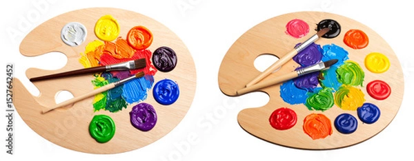 Obraz Wooden artist palette with colorful paint blobs and two brushes isolated on transparent background PNG