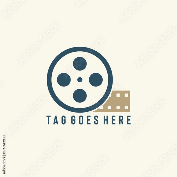 Fototapeta A modern company logo featuring a monochrome film roll icon includes clean sans-serif typography placed over a bright background. Ideal for businesses in the film, video production, media, or creative