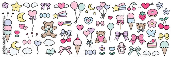 Fototapeta 手書きのかわいいくまや風船などのベクターイラストセット。ゆめかわ、ハート、リボン、落書き