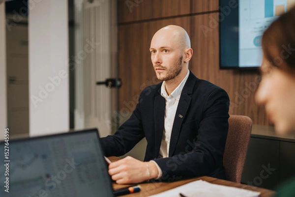 Obraz A sharp, focused professional in a collaborative workspace demonstrates a serious demeanor while contributing during a discussion.
