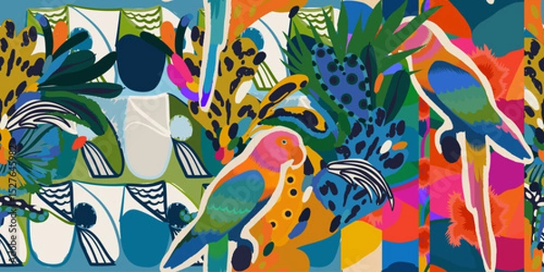 Obraz Exotic abstract hand drawn pattern with parrots. Colorful dynamic contemporary seamless pattern. Quirky unique print.