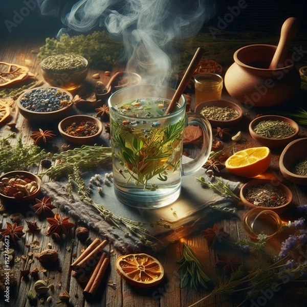 Obraz The water now boiling releases the scent of the herbs added Desc