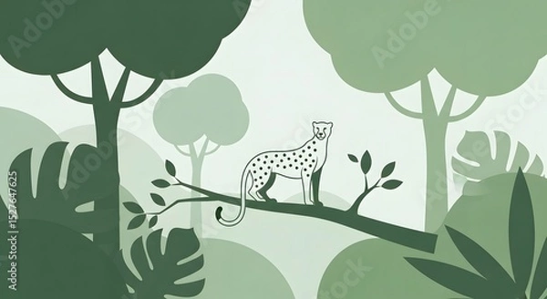 Fototapeta Cheetah on a Branch: A solitary cheetah finds itself perched majestically on a branch amidst a vibrant jungle landscape, it stands poised, its elegant form a striking contrast against the rich.